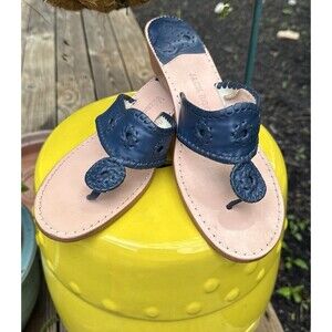 Jack Rogers Capri Navy Blue Leather Wedge Heel Thong Sandal Women 11 Resort READ
